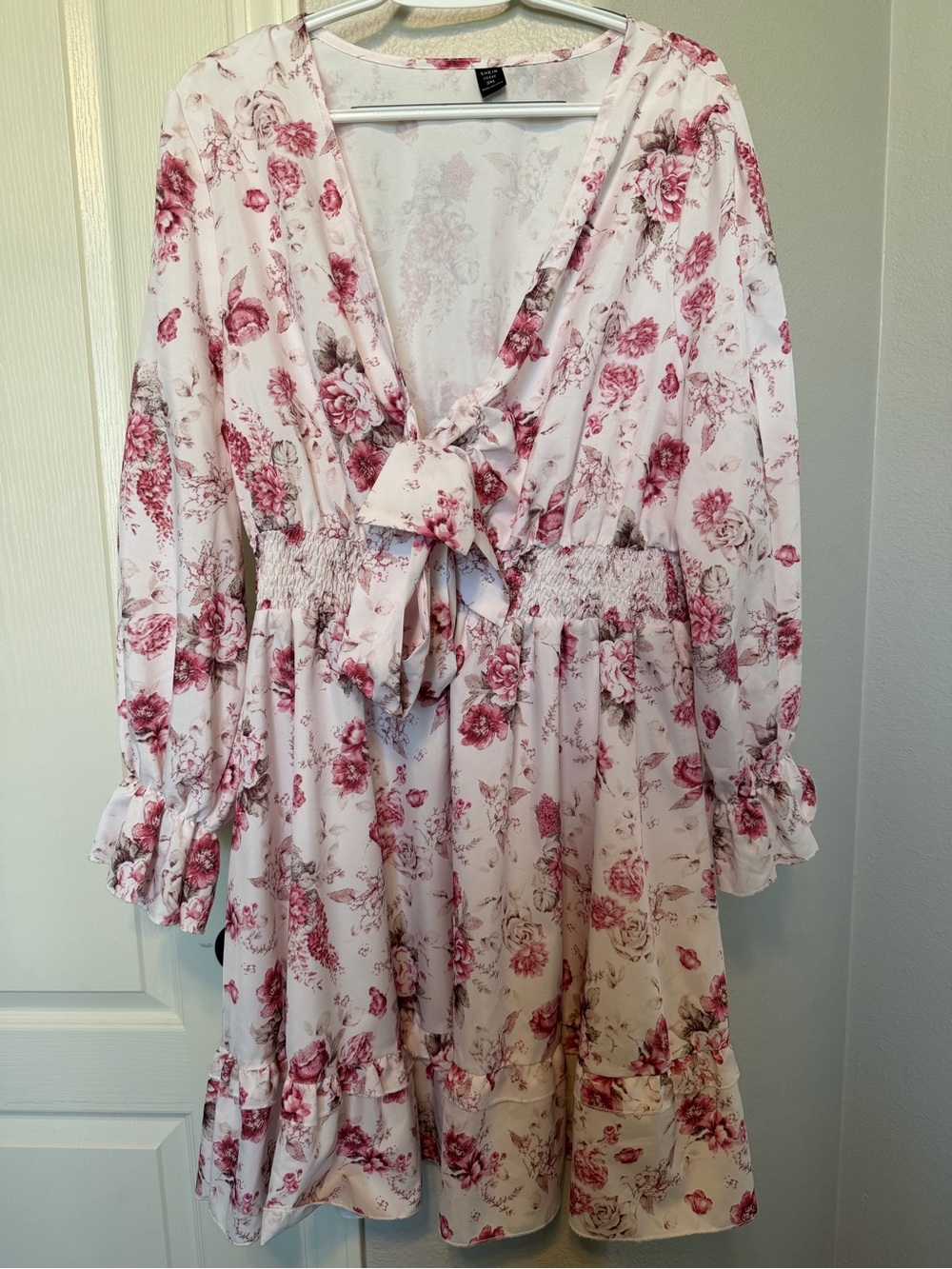 SHEIN White Floral Tie-Front Long Sleeve Dress - Pink Rose Print